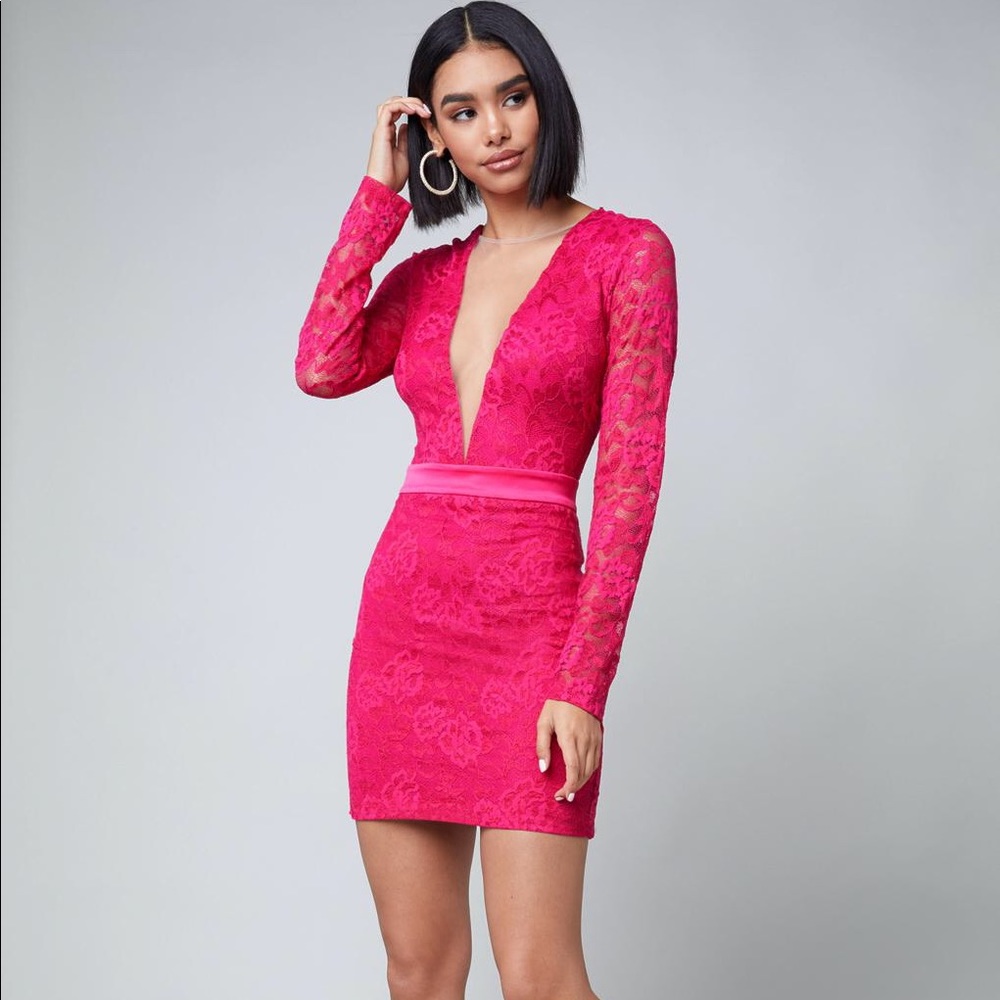 bebe Shawna Lace Deep V Mesh Dress, pink